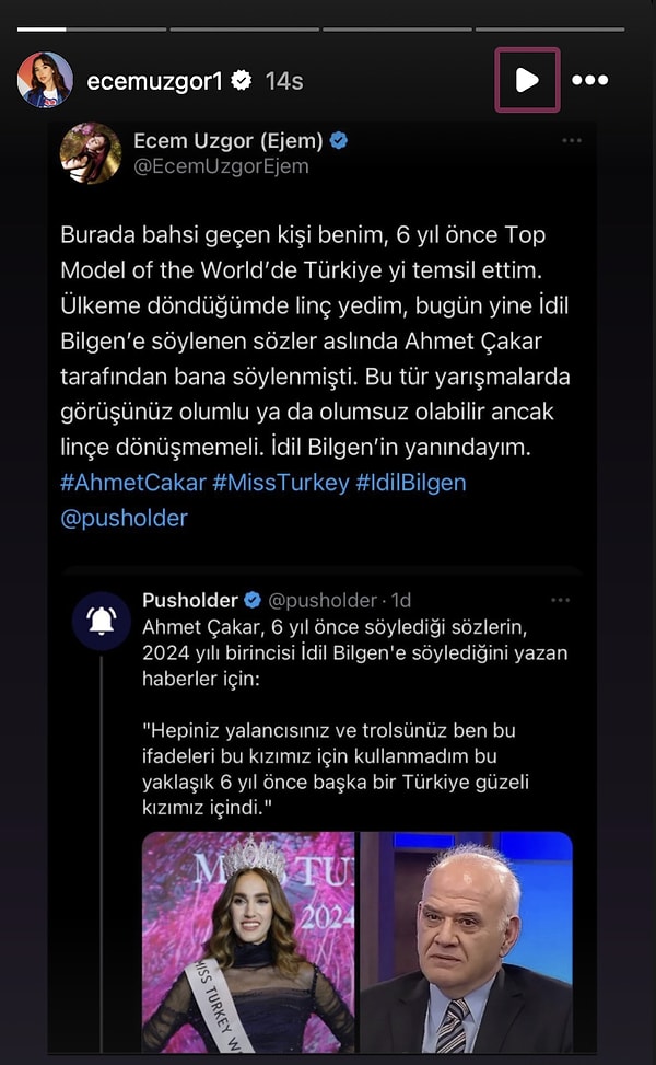 Ağır eleştirilere maruz kalan İdil Bilgen'in yanında olduğunu dile getiren Uzgör "Ülkeme döndüğümde linç yedim, bugün yine İdil Bilgen’e söylenen sözler aslında Ahmet Çakar tarafından bana söylenmişti. Bu tür yarışmalarda görüşünüz olumlu ya da olumsuz olabilir ancak linçe dönüşmemeli. İdil Bilgen’in yanındayım." ifadeleriyle desteğini dile getirdi.