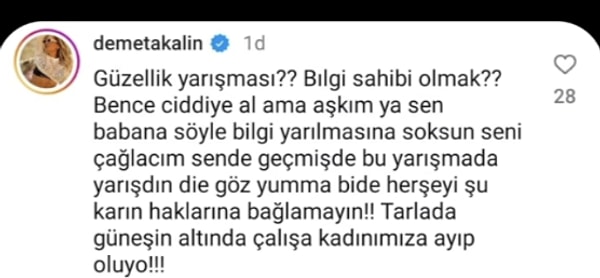 Yapılan yorumları ciddiye almadığını söyleyen İdil Bilgen'e "Bence ciddiye al aşkım ya. Sen babana söyle seni bilgi yarışmasına soksun." ifadelerini kullanan Demet Akalın "Bilgi sahibi olmayıp fikirleri olan insanlar bunlar." açıklamasına da tepki gösterdi.