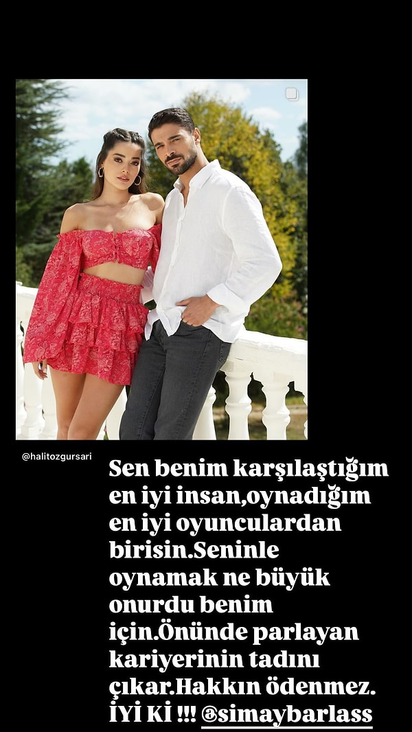 Bu vedanın ardından hem eski sevgilisi hem de dizideki partneri Halit Özgür Sarı'dan veda mesajı gecikmedi. Sarı Instagram hikayesinde "Sen benim karşılaştığım en iyi insan, oynadığım en iyi oyunculardan birisin. Seninle oynamak ne büyük onurdu benim için... Önünde parlayan kariyerinin tadını çıkar. Hakkın ödenmez. İyi ki!!!" mesajını paylaştı.