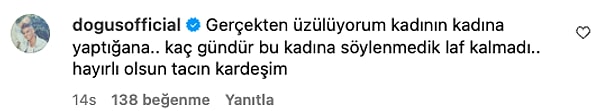 Ersoy'a tepkisini "Gerçekten üzülüyorum kadının kadına yaptığına..." diyerek belirten ünlü şarkıcı "Kaç gündür bu kadına söylenmedik laf kalmadı. Hayırlı olsun tacın kardeşim" sözleriyle de İdil Bilgen'e destek çıktı.