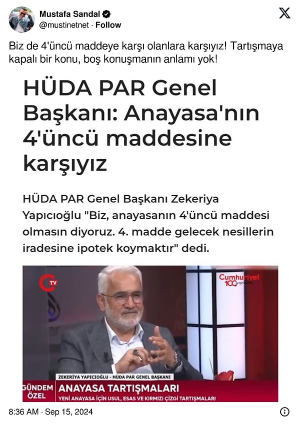 Twitter (X) hesabından paylaşım yapan ünlü şarkıcı "Biz de 4'üncü maddeye karşı olanlara karşıyız! Tartışmaya kapalı bir konu, boş konuşmanın anlamı yok!" diyerek sert çıktı!