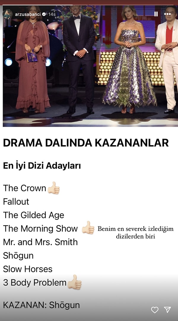 Arzu Sabancı, Emmy Ödüllerinde ödül alan dizilerden favorilerini sıraladı.