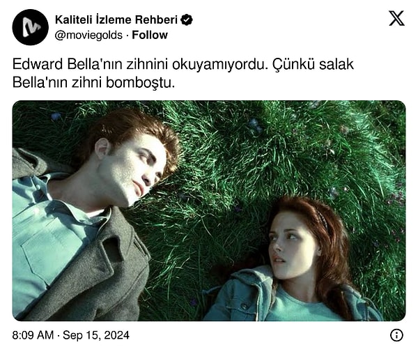 İşte yine onlardan biriyle karşınızdayız. X/Twitter'da @moviegolds, "Edward Bella'nın zihnini okuyamıyordu. Çünkü salak Bella'nın zihni bomboştu" diyerek eski bir teorinin fitilini tekrar ateşledi.