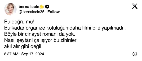 Laçin "Bu kadar organize kötülüğün daha filmi bile yapılmadı. Böyle bir cinayet romanı da yok. Nasıl şeytani çalışıyor bu zihinler" diyerek öfke kustu!