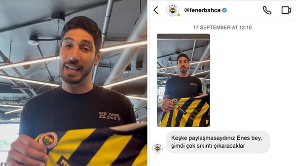 Enes Kanter, bugün sosyal medya hesabı üzerinden bir video paylaşmış ve Fenerbahçe Başkanı Ali Koç'un kendisine forma gönderdiğini söylemişti.