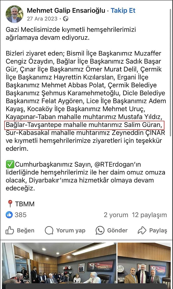 Ensarioğlu'nun 2023 yılında yapmış olduğu sosyal medya paylaşımıyla, fotoğraf karesinde yer alan kişinin Salim Güran olduğu doğrulanmış oldu.