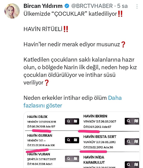 Bir Twitter kullanıcısı da ortaya Havin ritüeli adı altında bir iddia bıraktı.