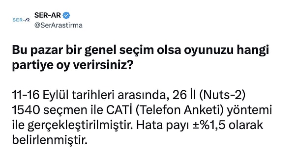 SER-AR Araştırma ise yaptığı son ankette katılımcılara "Bu pazar genel seçim olsa oyunuzu hangi partiye verirsiniz?" diye sordu.