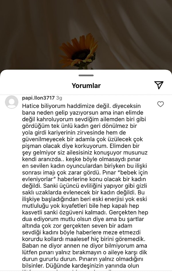 "Ailemden biri gibi gördüğüm tek ünlü kadın geri dönülmez bir yola girdi. Kariyerinin zirvesinde hem de güvenilmeyecek bir adamla çok üzülecek çok pişman olacak diye korkuyorum" diyen kullanıcı adeta illallah ettirdi.