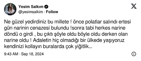 İşte Yeşim Salkım'ın paylaşımı 👇🏻