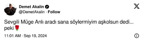 Müge Anlı'nın kendisini aradığını belirten Demet Akalın, Anlı'nın kendisine "Sana söyler miyim aşk olsun" dediğini paylaştı.