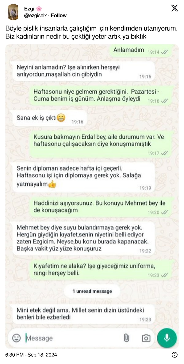 Twitter'da bir kullanıcı, patronu olduğunu iddia ettiği kişinin kendisine tacizde bulunduğunu öne sürerek WhatsApp mesajlarını paylaştı.👇