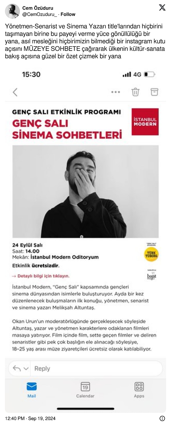 Yönetmen paylaşımında İstanbul Modern'de düzenlenen bir sinema etkinliğine yönetmen ve sinema yazarı Melikşah Altuntaş'ın davet edilmesini eleştirdi.