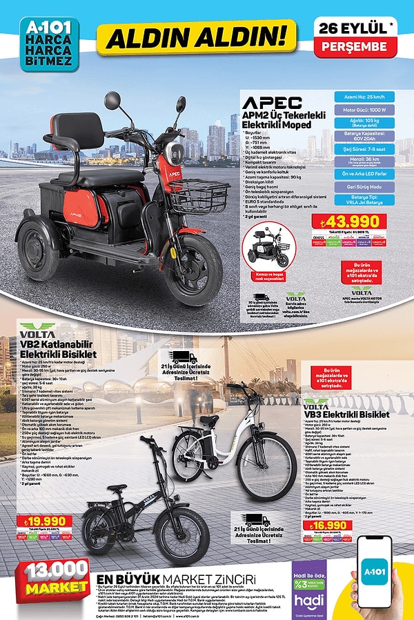 Apec Üç Tekerlekli Elektrikli Moped 43.990 TL