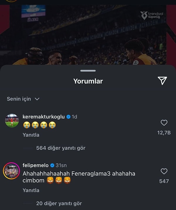 Galatasaray'ın paylaşımına Kerem Aktürkoğlu ile yorum yapan Melo, bunun ardından bir de video paylaştı.