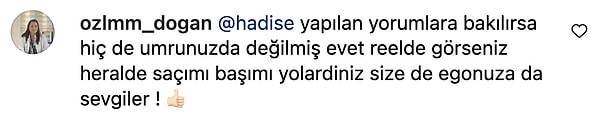 Hadise'nin kendisini pas geçmediğini gören kullanıcı "Reelde görseniz heralde saçımı başımı yolardınız. Size de egonuza da sevgiler ! 👍🏻" dedi.