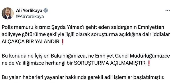 İçişleri Bakanı Ali Yerlikaya, yaptığı açıklamayla iddiaları yalanladı.