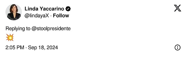 Linda Yaccarino, the CEO of Twitter (X) and an internet personality, drew attention by commenting with a "💥" emoji under the post.