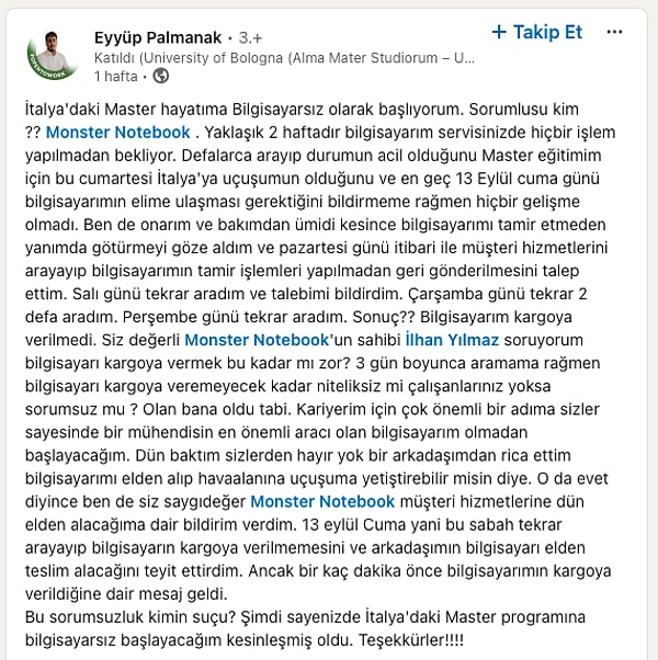 Eyyüp Palmanak adlı öğrenci, LinkedIn hesabından bir paylaşımda bulundu ve bilgisayarıyla ilgili yaşadığı sorunu anlattı.