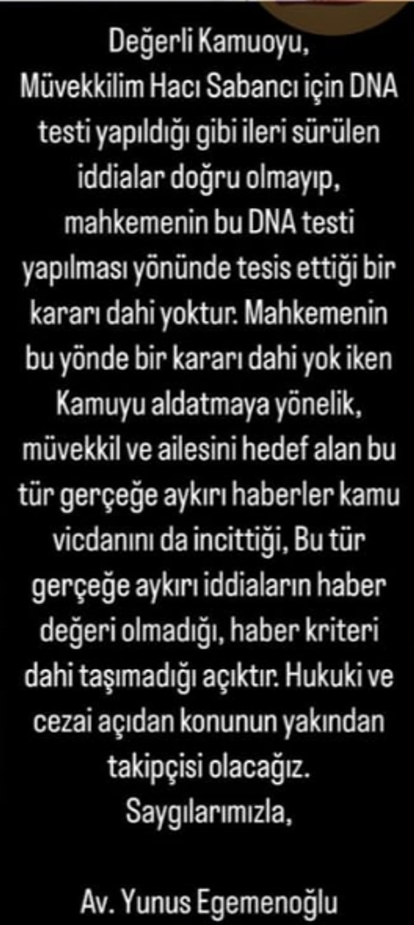 İşte Sabancı'nın kamuoyuna avukatı aracılığıyla yaptığı o açıklama: