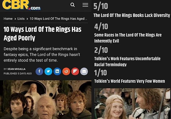 Zira son zamanlarda yayınlanan içeriklerde "LOTR'un kötü yaşlandığı 10 şey, kitaplar çeşitlilikten yoksun, LOTR'daki ırklardan bazıları doğuştan kötü, Tolkien'in eserinde ırkçı bir terminoloji var ve Tolkien'in dünyasında çok az kadın var" başlıkları ön plana çıkmaya başladı.