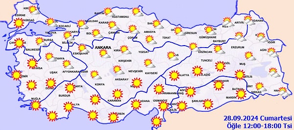 Meteorolojinin 28 Eylül Cumartesi gününe dair yayınladığı hava sıcaklığı haritasında tüm kentlerde güneşli hava hakim. Sıcaklık pek çok kentte 30 dereceyi aşacak.