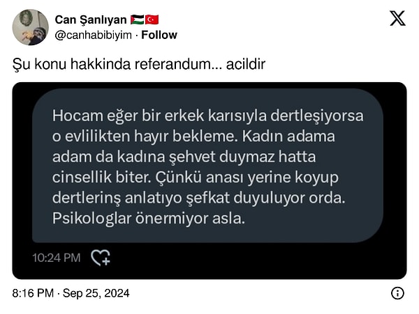 Twitter'da bir kullanıcının "Erkek, karısıyla dertleşiyorsa o evlilikten hayır bekleme" ifadesiyle başlayan tartışma birçok kullanıcıyı ikiye böldü.