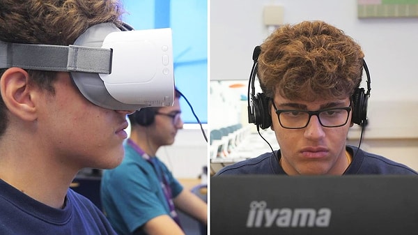 Students take lessons using AI platforms on their computers and virtual reality headsets.