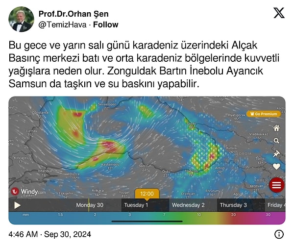 Bu gece ve yarından itibaren alçak basıncın Batı ve Orta Karadeniz'de kuvvetli yağışlara neden olacağını vurgulayan Prof. Dr. Şen, Zonguldak, İnebolu ve Samsun'da taşkınların olabileceği konusunda uyardı.