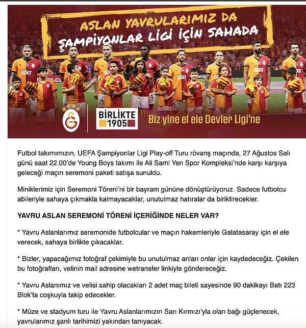 Galatasaray Şampiyonlar Ligi'ne veda ettiği Young Boys elemesinde seremoniye katılacak çocuklar için 50 bin lira talep etti.