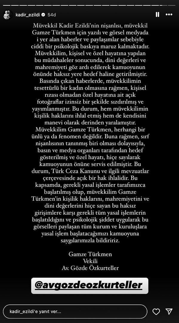 Nişanlısı Gamze Türkmen'in hukuki süreci başlattığını avukatının açıklamasıyla beraber duyurdu.