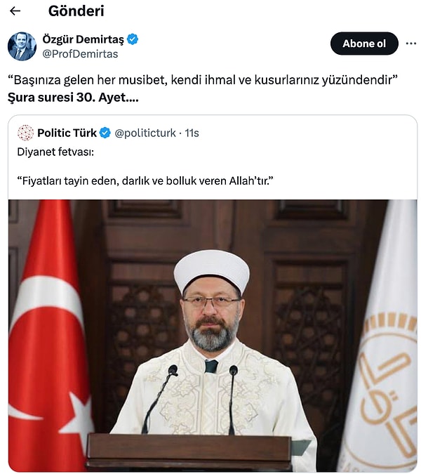 Ali Erbaş’ın sözlerine sure ile cevap veren Özgür Demirtaş “Başınıza gelen her musibet, kendi ihmal ve kusurlarınız yüzündendir” Şura suresi 30. Ayet….” Dedi.