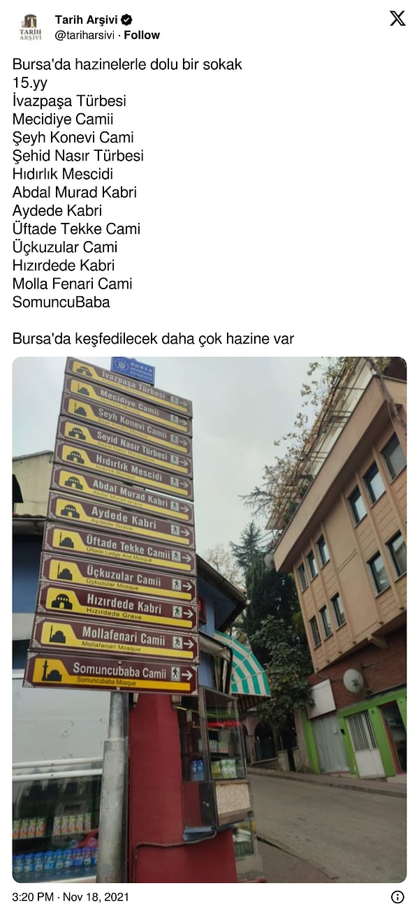 Bursa, tarih boyunca pek çok medeniyete ev sahipliği yapmış, kültürel zenginlikleriyle dolu bir şehir. Sosyal medya kullanıcılarından biri, Bursa’nın sokaklarında yer alan 12 tarihi mekanı gösteren bu ilgi çekici tabelayı paylaştı.