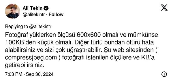 Fotoğraf ölçüsü 600x600 olmalı 👇