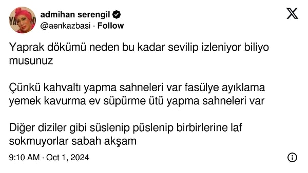 X/Twitter'da @aenkazbasi adlı kullanıcı, Yaprak Dökümü ile ilgili nokta atışı bir tespit paylaştı. Gelin önce o tespite, ardından gelen yorumlara birlikte bakalım.