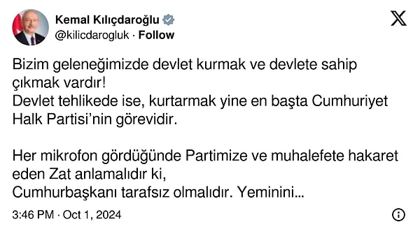 Kılıçdaroğlu, X (Twitter) hesabından bir paylaşım yaparak Erdoğan’ı ayakta karşılayan CHP’lilere ateş püskürmüştü.