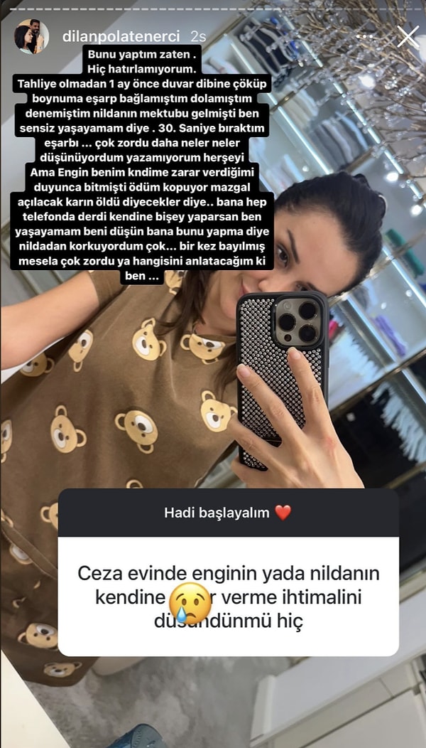 Psikolojik sorunları yüzünden tek kişilik koğuşta kalması yasak olan Dilan Polat, ablası Sıla Doğu'nun tahliyesinin ardından yıkıldığını söylemişti. Boynuna tülbent saran Polat, canını almaya çalıştığını, kendisini hayata kızının ve eşinin bağladığını söyledi.