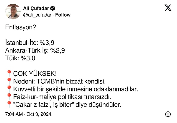 Ali Çufadar: "Enflasyon?  İstanbul-İto: %3,9 Ankara-Türk İş: %2,9 Tüik: %3,0  ÇOK YÜKSEK! Nedeni: TCMB'nin bizzat kendisi.  Kuvvetli bir şekilde inmesine odaklanmadılar. Faiz-kur-maliye politikası tutarsızdı. 'Çakarız faizi, iş biter' diye düşündüler."