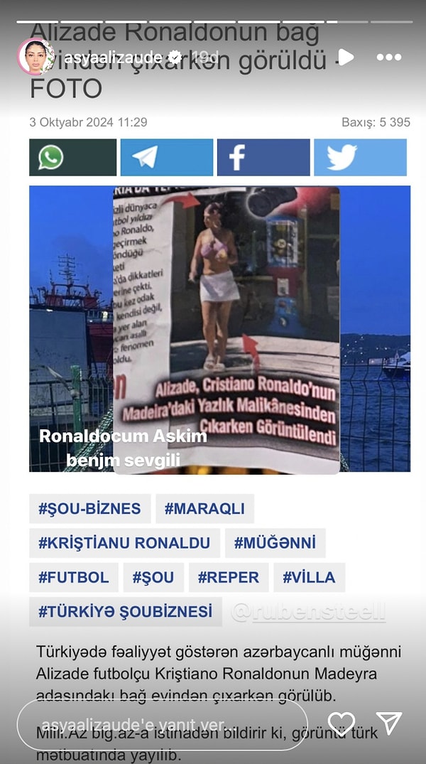 Bu görüntülerin üstüne Alizade de Instagram hesabı üzerinden aynı haberi paylaşıp "Ronaldo'cum aşkım benim, sevgilim" notunu düşünce X ahalisinin diline düşmekten kurtulamadı.