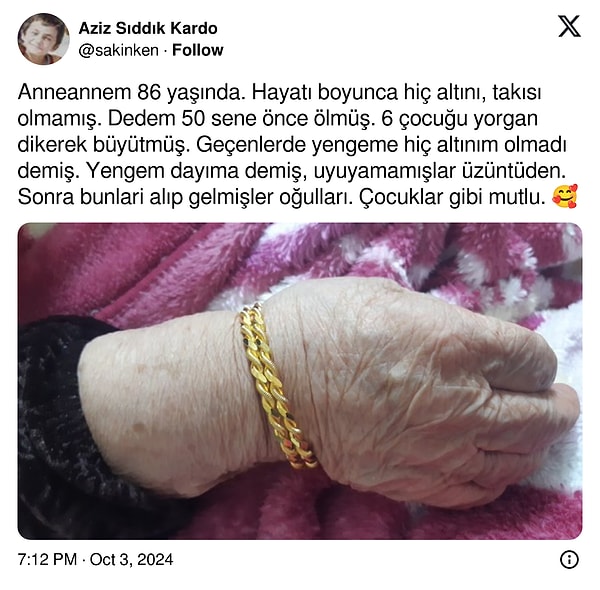 Bir kullanıcı daha önce hiç altını olmamış 86 yaşındaki anneannesine altın aldığını dile getirdi. O fotoğrafı görenler adeta yumuşacık oldu.