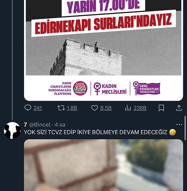 Bu gruplardaki başka bir Incel ise "Kadın Cinayetlerini Durduracağız Platformu" tarafından paylaşılan bir tweete aynı saldırganlıkla cevap vermeyi sürdürdü. Aynı hesabın farklı kadın ve gruplara aynı tehdit dilinin sürdürdüğü görüldü.