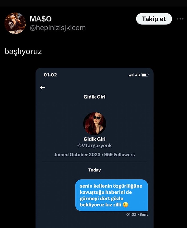 Sosyal medyada "Gidik Girl" ismiyle Incellerin hedefi olan kullanıcı ise kendisine gelen tehditleri paylaştı.