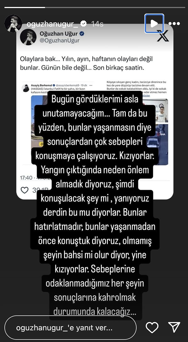 Uğur, daha önce sayısız kez ses çıkarttığı olaylara bir önlem alınmamasına böyle tepki gösterdi👇