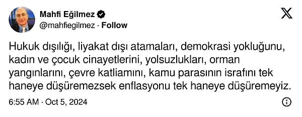 İktisatçı Mahfi Eğilmez'in binlerce beğeni alan paylaşımı şöyle: