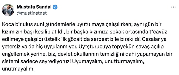 "Sistemi sadece seyrediyoruz! Uyumayalım, unutturmayalım, unutmayalım!" ifadelerini kullanan Sandal böyle tepki gösterdi 👇