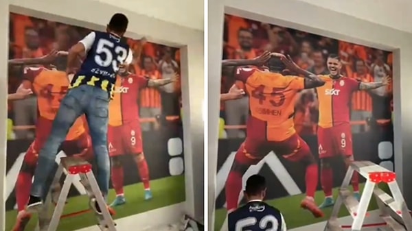 Bir futbolsever, Galatasaray’ın yıldız golcüleri Mauro Icardi ve Victor Osimhen’in büyük boy fotoğraflarıyla evinin duvarını kapladı.