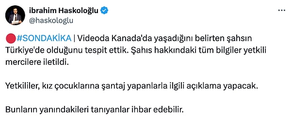 Gazeteci İbrahim Haskoloğlu da yayında 'Kanada'dayım' diyen bu kişinin Türkiye'de olduğunun tespit edildiğini bilgilerin gerekli yerlerle paylaşıldığını yazdı.