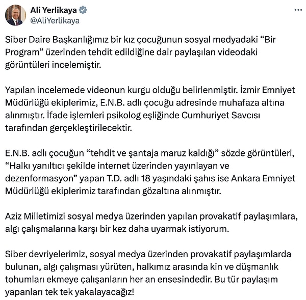 Sosyal medyada olay yaratan görüntüler sonrasında İçişleri Bakanlığı'ndan açıklama geldi. Ali Yerlikaya'nın açıklamasına göre yaşanan olayın 'kurgu' olduğu ortaya çıktı. İşte o açıklama: