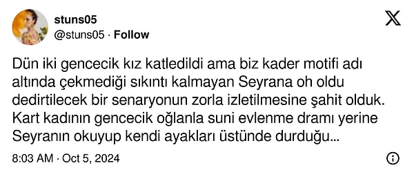 Bir izleyici "Dün iki gencecik kız katledildi ama biz kader motifi adı altında çekmediği sıkıntı kalmayan Seyrana oh oldu dedirtilecek bir senaryonun zorla izletilmesine şahit olduk." diye yazdı.