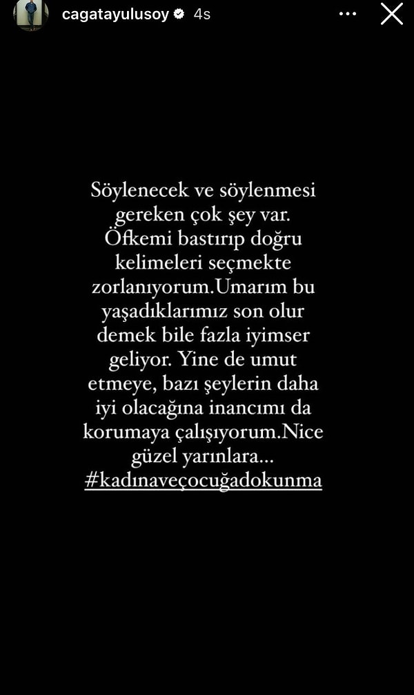 Ulusoy, siyah ekran üzerine duygularını kaleme dökmeyi tercih etti. Öfkeli olduğunu söyleyen ünlü isim, yazısını umudun hala var olduğunu söyleyerek ve ''Nice güzel yarınlara...'' diyerek bitirdi👇